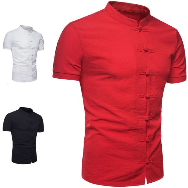 

dresses men's stand collar chinese style short sleeve casual shirt, White;black