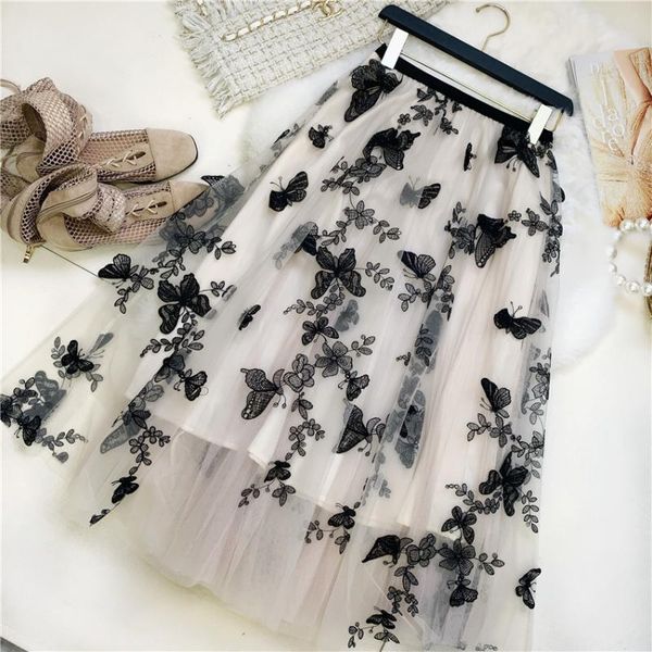 

skirts 2021 spring fashion wild was thin butterfly embroidered high waist mesh skirt, Black