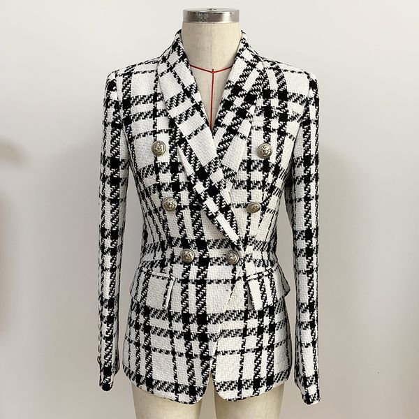 

2021 autumn long black sleeve double plaid breasted blazer thin buttons tweed female jacket 4fwb, White;black