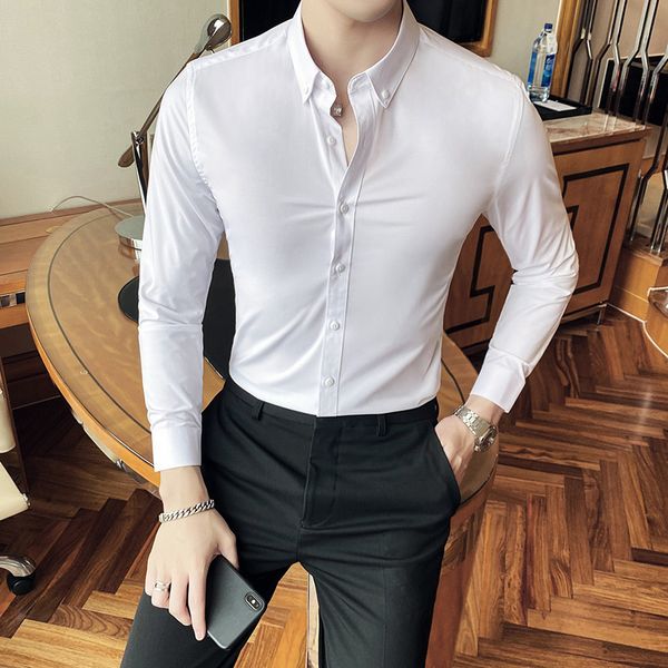 

2021 new superior boutique quality businessman's shirt gentlemen's solid simple fine sleeve formal wear blouse homme 3xl-s k8iy, Black;brown