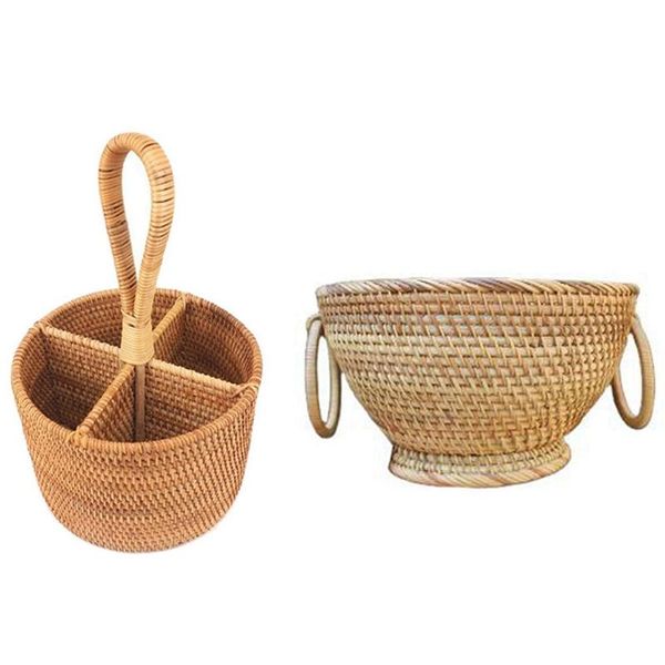 

storage baskets 2 pcs hand-woven rattan basket fruit flower decoration, a & b