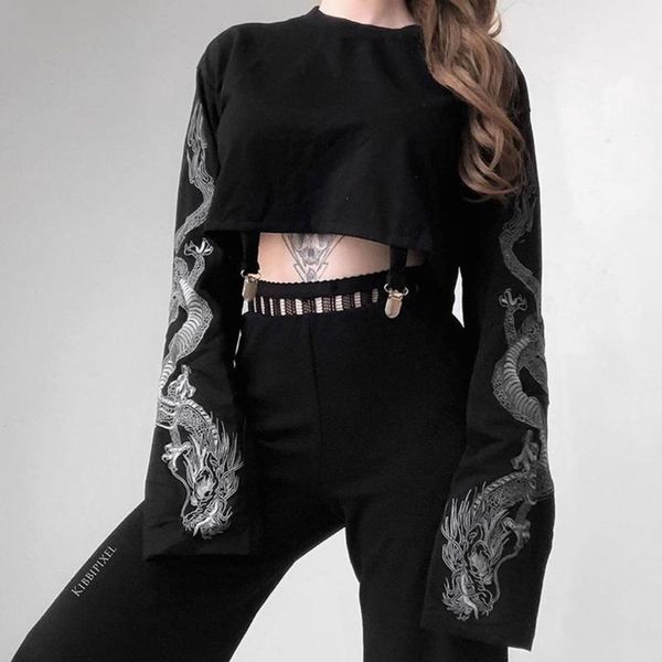 

women's t-shirt 2021 western style retro flared sleeves fashion dragon pattern printing round neck casual loose all-match solid color, White