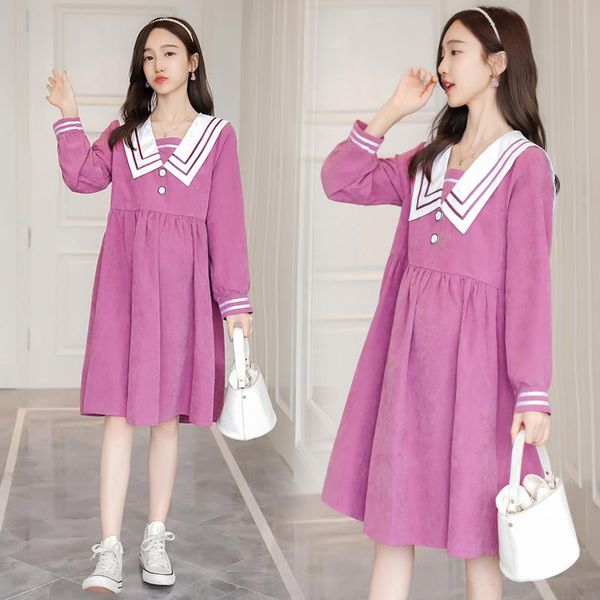 

maternity dresses 9028# dress spring autumn turn down collar cotton long sleeves loose stylish for pregnant women mom, White