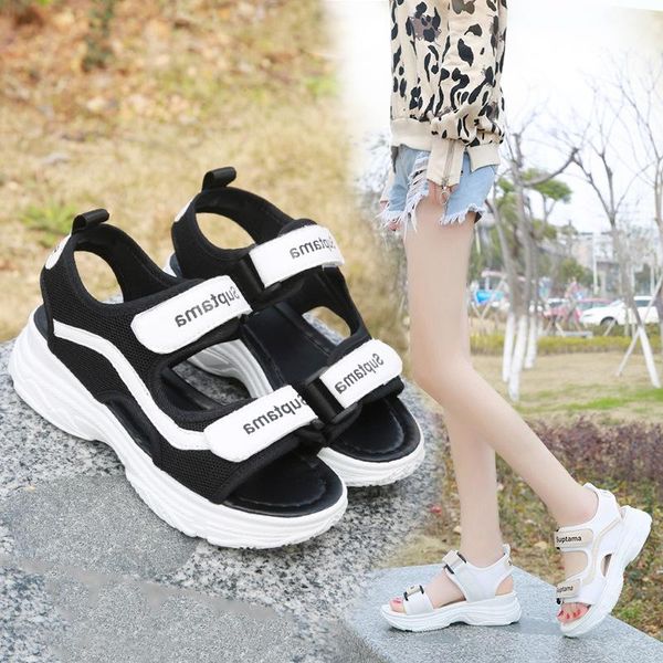 

sandals 2021 summer women sport platform shoes cloth breathable explosion student flat with beach wedges zapatos de mujer, Black