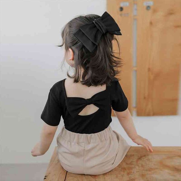 

lovely baby girls backless t shirt summer short sleeve o neck back bow solid color tees cute kids casual, Blue