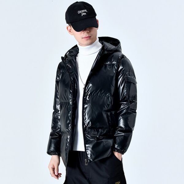 

2021 new winter cotton-padded bright hooded down coat men warm jacket fashion solid coats male drop shipping kqzt, Black