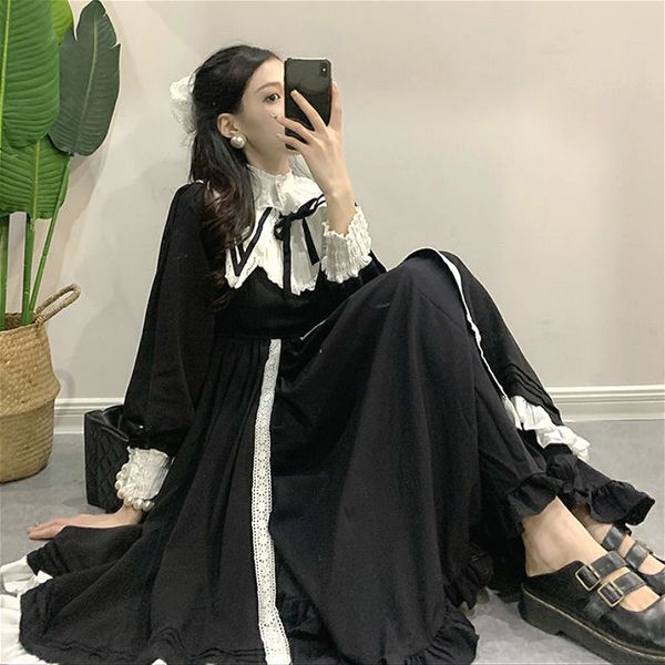 

black vintage dress women french elegant gothic lolita dress female lace long sleeve stand evening party dress korea autumn 210309, Black;gray