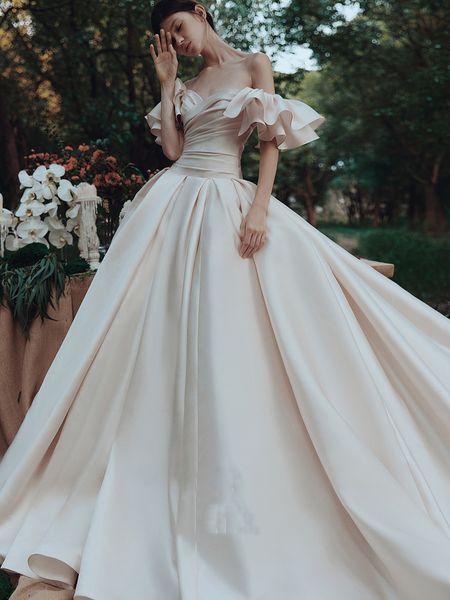 

princess satin a line wedding dresses long bridal gowns off shoulder ruffles sleeve dark ivory vestidos de novia bride formal wear, White