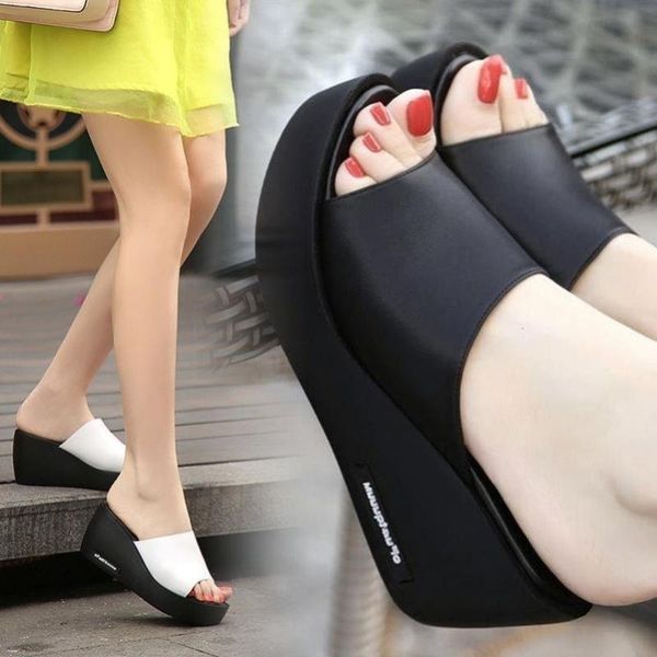 

slippers ladies waterproof platform summer trend thick-soled slope with elegant pure color casual wear-resistant., Black