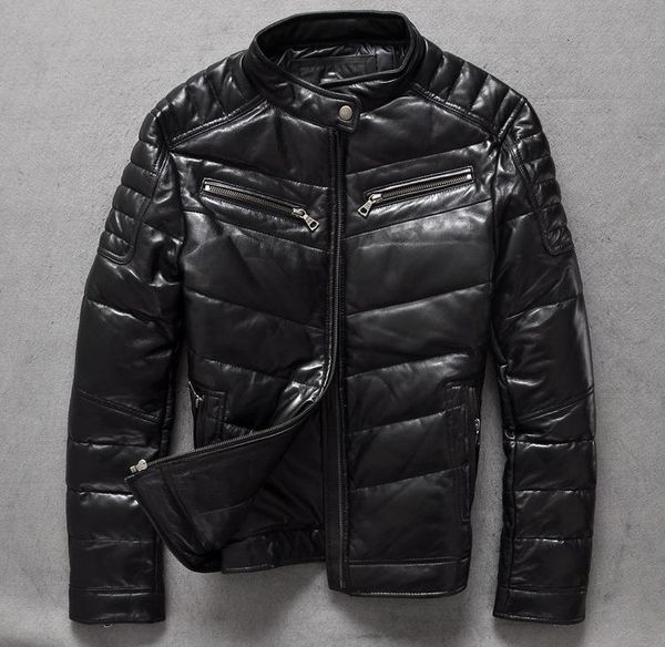 

men's leather & faux slim fit fashion brand short winter jacket men sheepskin male down coat balck, Black