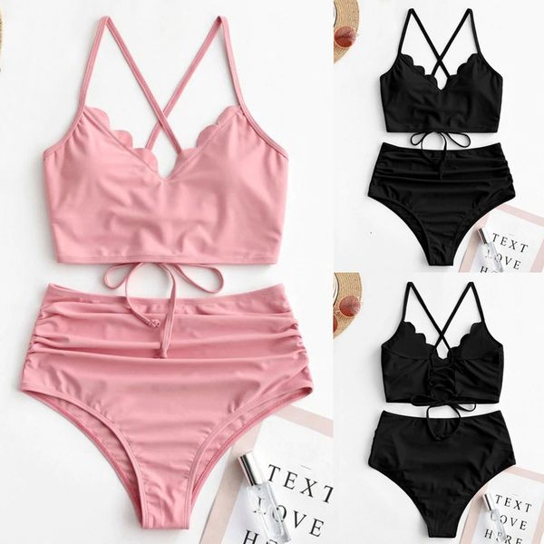 

women suits 2021 woven fabrics high waist bikini set solid two pieces beach bathing, White;black