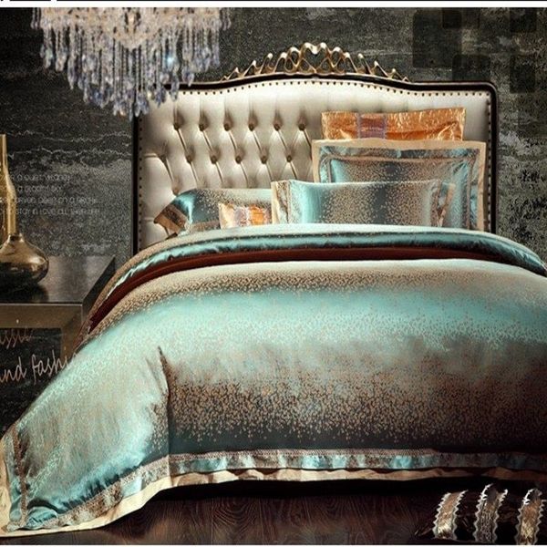 4/6 pcs Green Jacquard Satin Bedding Set Rei Queen Luxury Tributo Quilt de seda / Tampa de edredão Lençóis de cama de roupa de cama Têxtil 210316