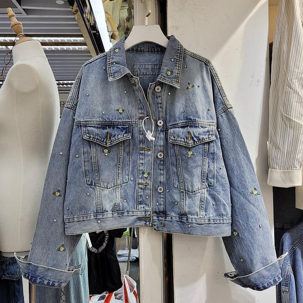 

women's jackets heavy work diamond flower embroidery denim jacket women washed blue coat autumn 2021 casual loose long sleeve jean fema, Black;brown