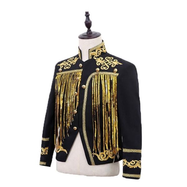 

men's jackets retro runway designer jacket men luxury embroidery sequin tassel stand collar performance outwear slim fit short coat, Black;brown