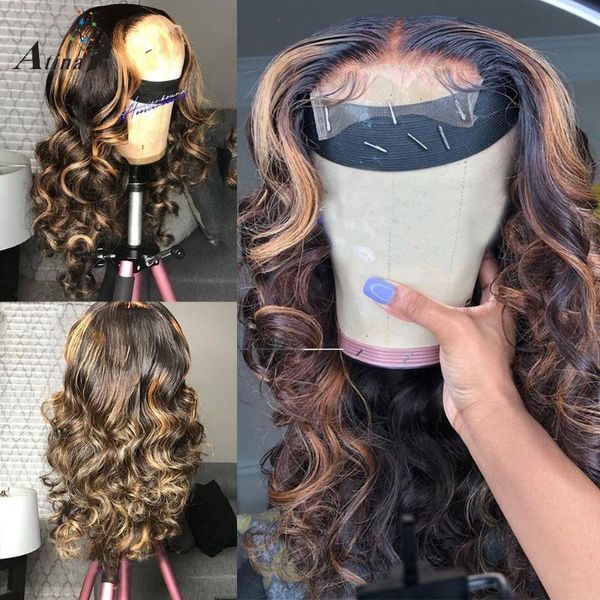 

lace wigs ombre highlight honey blonde colored body wave wig preplucked hd transparent human hair remy for black women brazilian, Black;brown
