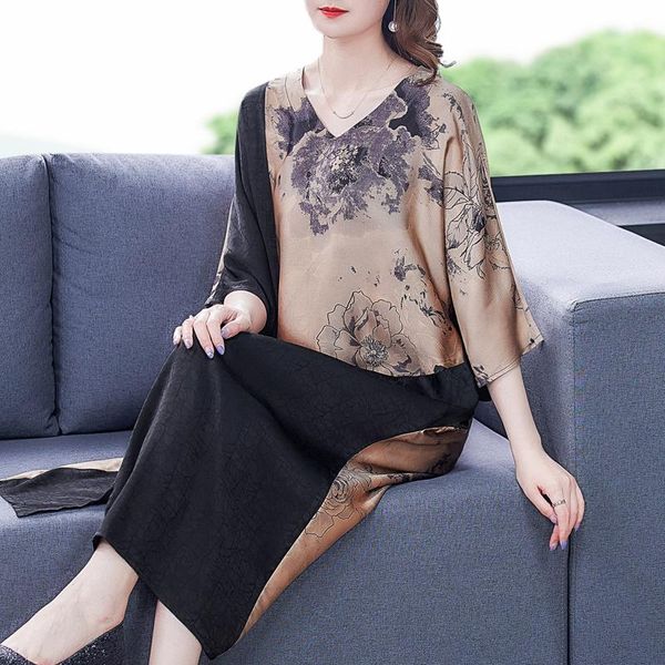 

casual dresses 2021 summer loose mulberry silk elegant dress spring vintage floral 3xl plus size midi women bodycon party vestidos, Black;gray