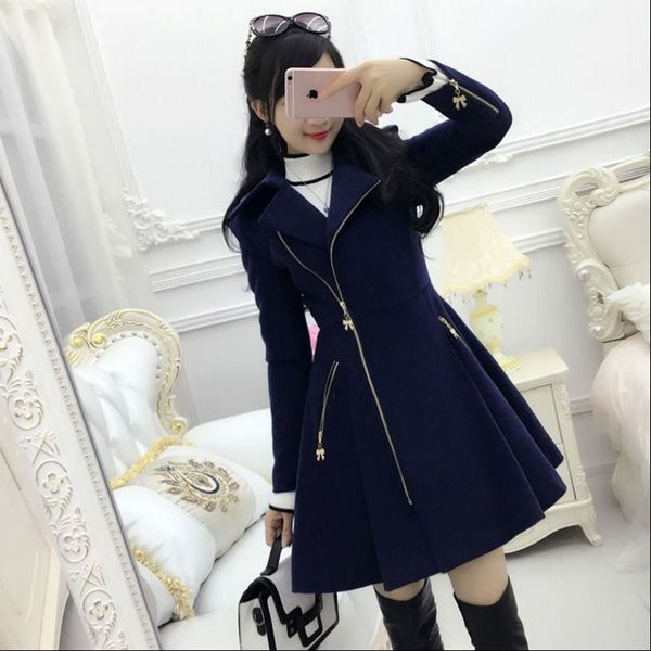 

autumn winter women coats dark blue lady clothing zipper woolen coat mid-length slim 210218, Black