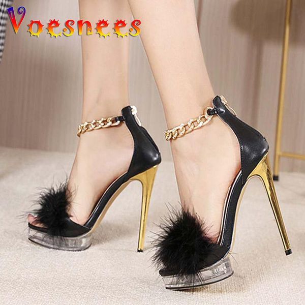 

sandals black summer fur ankle gold chain design cover heel women stiletto shoes transparent waterproof platform 13cm zip heels