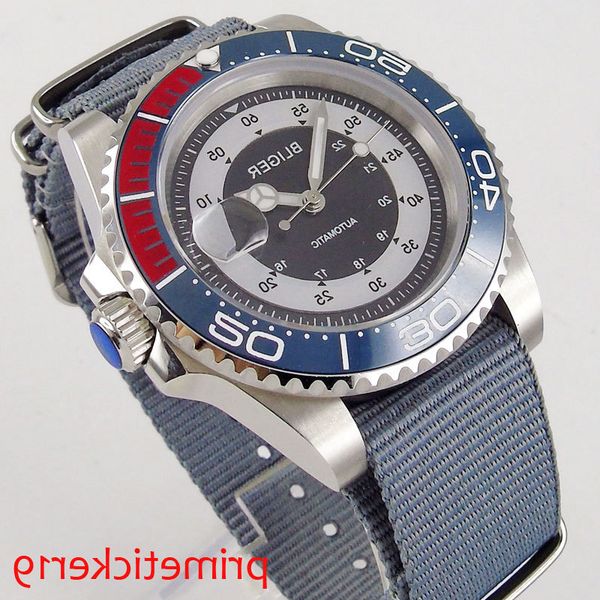 

black white dial blue red ceramic bezel 40mm sapphire glass date automatic movement men's watch nylon strap, Slivery;brown