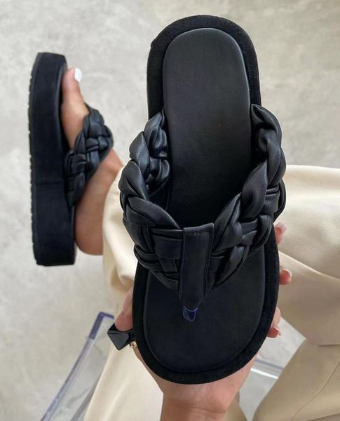 

slippers summer elegant design women platform flat pu leather weave strap thick sole outdoor beach flip flops trend ladies shoes, Black