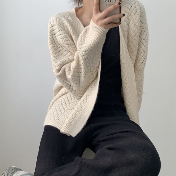 

2021 spring new v-neck long sleeve hollow out open design sweater casual women cardigans pull femme cyrx, White;black