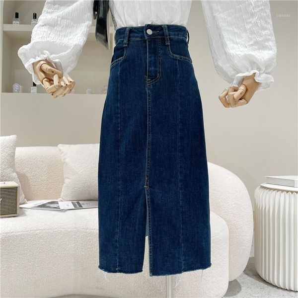 

skirts women's spring summer 2021 niche design fashion high waist thin a-line skirt medium long hip split retro denim, Black