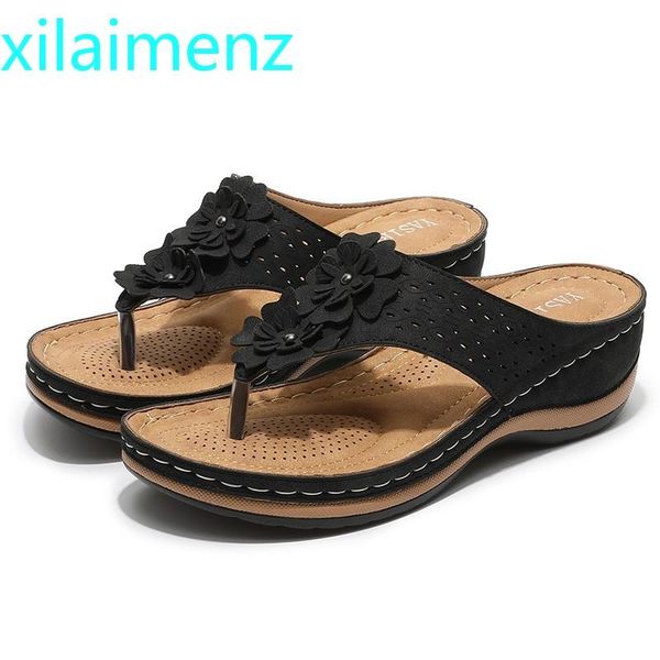 

slippers women summer flip flops low heels sandals shoes female flower slides wedges, Black