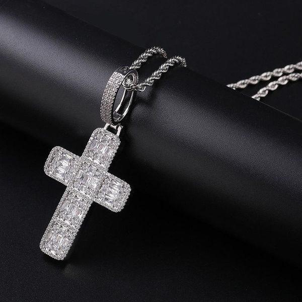 

pendant necklaces luxury fully baguette zircon 18k gold plated cross christian faith for men hip hop rock punk chain jewelry, Silver