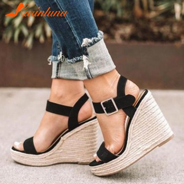 

karin new ladies brand straw soles sandals elegant shallow platform sandals women street super high wedges shoes woman, Black