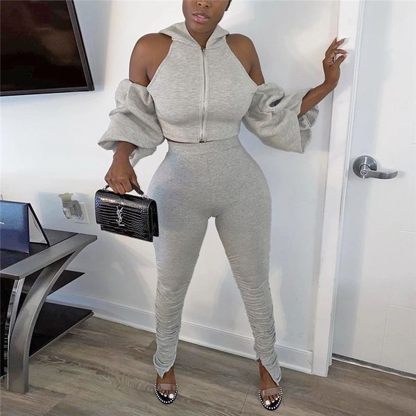 

sporty 2 piece set split stacked pants and puff sleeve backless hoodies sweatsuits for women outfits d29-de52, White