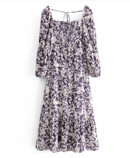 

2021 spring women boho flower print loose long dress holiday slash collar back bandage elastic ruched long sleeve dresses, Red