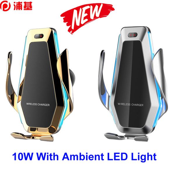 

2pcs/lot fashion 10w car qi wireless charger for iphone xs x 8 with ambient flowable led light car phone holder for samsung s9 s10 huawei