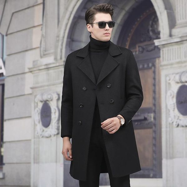 

19 age season double-sided wool coat lapels, big paragraph dust coat grows double-breasted business men's trench, Black