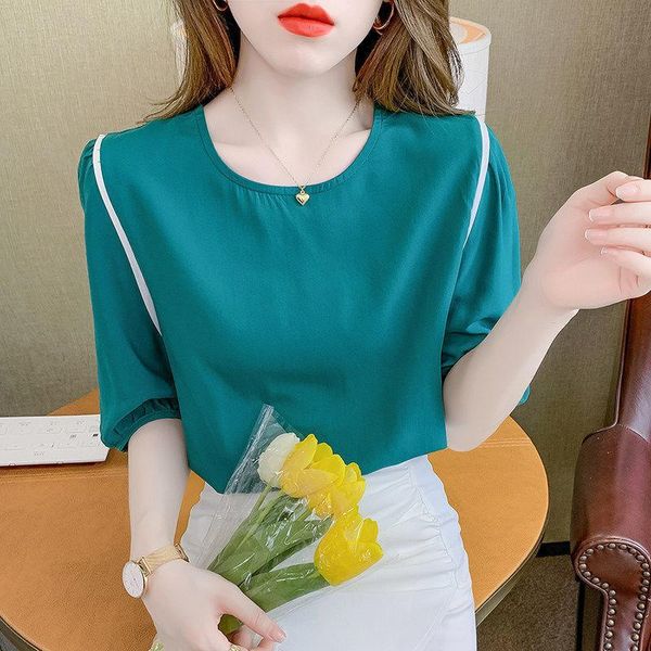 

women's blouses & shirts fashion beautiful chiffon shirt t-shirt short-sleeved summer loose contrast color western-style all-match blou, White