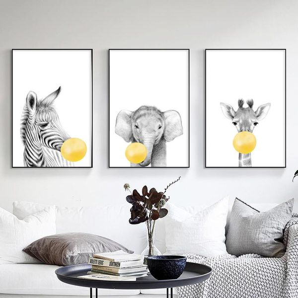 

paintings baby nursery yellow balloons animal wall art poster print zebra koala elephant giraffe canvas painting for kids room decoration