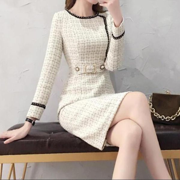 

casual dresses dress women autumn winter vintage woolen plaid female 2021 elegant pencil ladies office vestidos, Black;gray