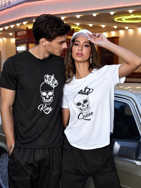 

men 1pc letter & skull print tee c0c4#, White;black