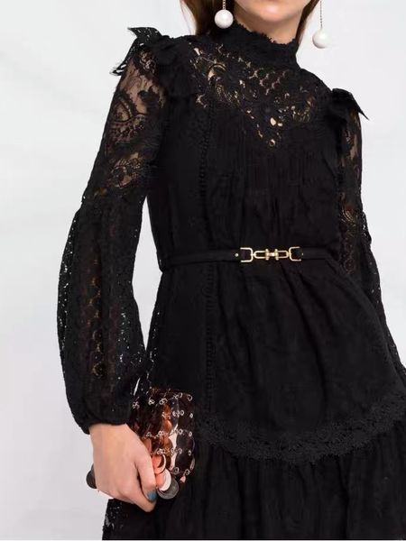 

women full sleeve lace crochet belted mini dress, Black;gray