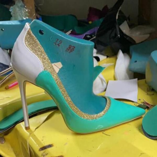 

dress shoes golden bling patchwork mint green white high heels evening party outfit pumps pointed toe woman thin low cut, Black