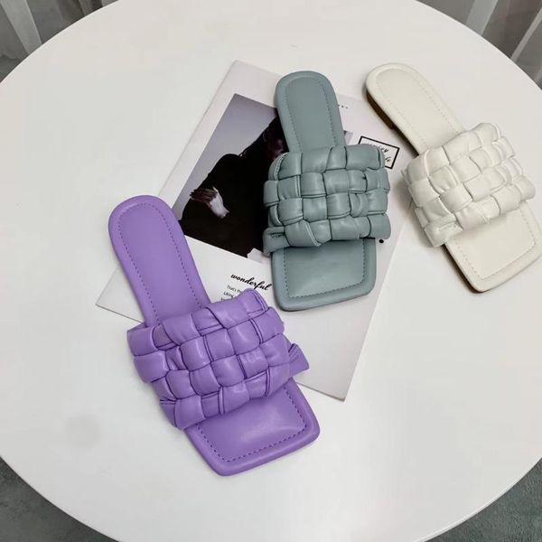 

fashion women purple sandals slippers flats heeled slip on mules shoes weave design open toe slides mules flats heeled blue, Black