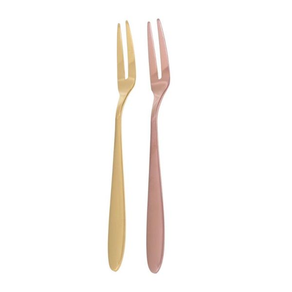 

2pcs stainless steel fruit forks two-tines dessert cake forks tasting mini flatware (golden and rose gold)