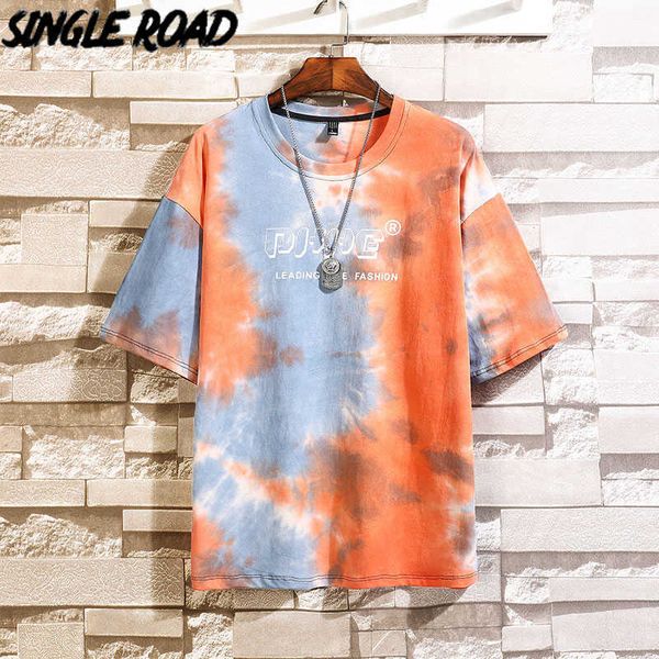 

single road men t-shirt short sleeve oversized tie dye tshirt male hip hop japanese streetwear harajuku t shirt for men 210623, White;black