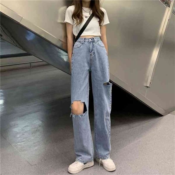 

light blue denim trousers retro wide-leg pants women's ripped high waist casual jeans women 210924