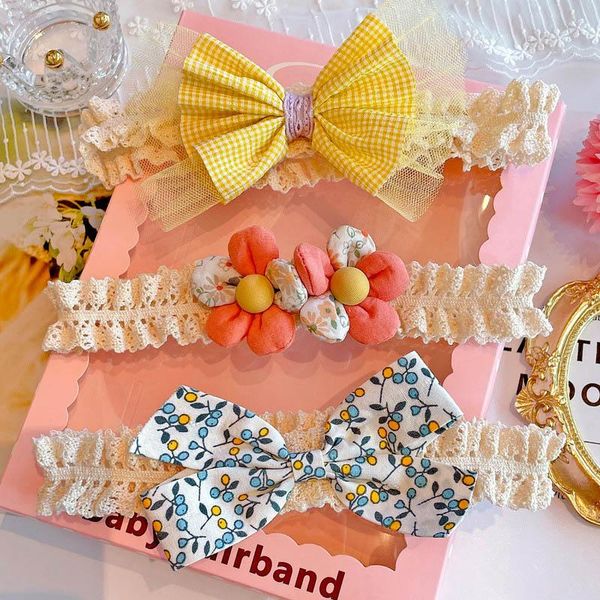 

hair accessories 3pcs/set baby girls headband lace bowknot flower pink print born hairband kids headwear sweet korean, Slivery;white