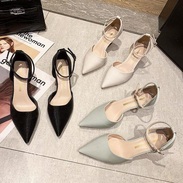 

sandals low woman leather shoes high heels suit female beige buckle low-heeled pointed high-heeled comfort fashion black girls c