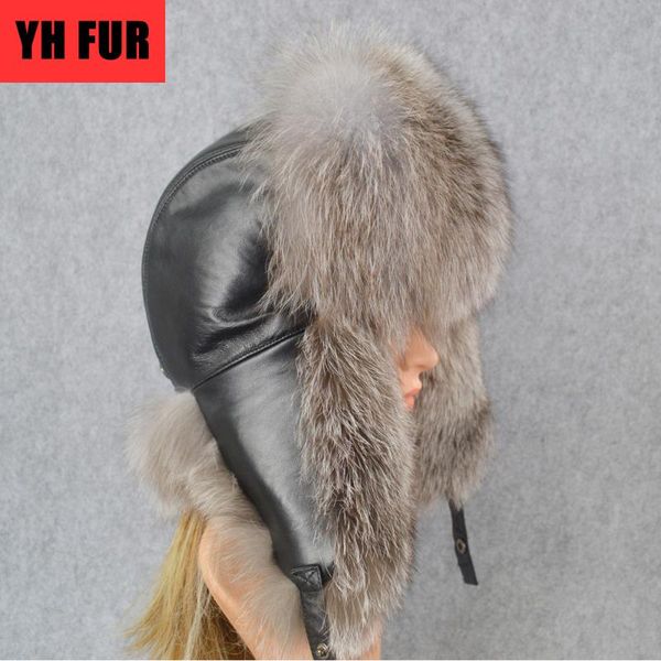 

berets outdoor women winter russian real fur hat warm soft quality raccoon bombers cap luxury sheepskin leather hats, Blue;gray