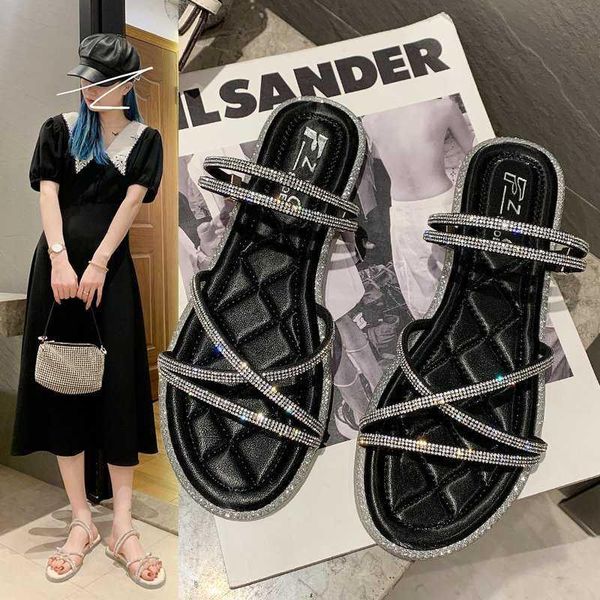 

slippers 2021 spicy clear glass rhinestones women's sandals two types of shoes flat womans, Black