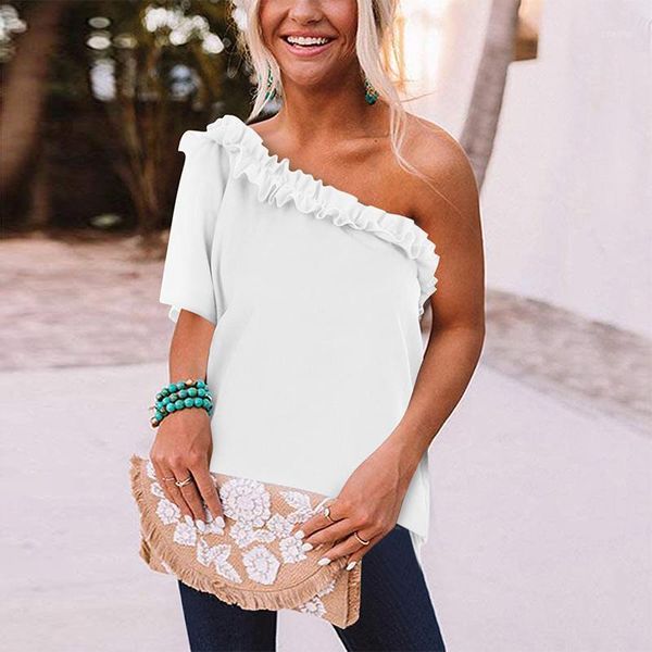 

women's blouses & shirts fashion women summer solid color t-shirts hollow out design ruffles decor one shoulder short sleeve loose ladi, White
