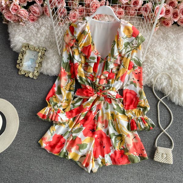 

2021 new spring v neck puff female long sleeve holiday bohemian style playsuit impression high waist wide leg breaks ge25, Black