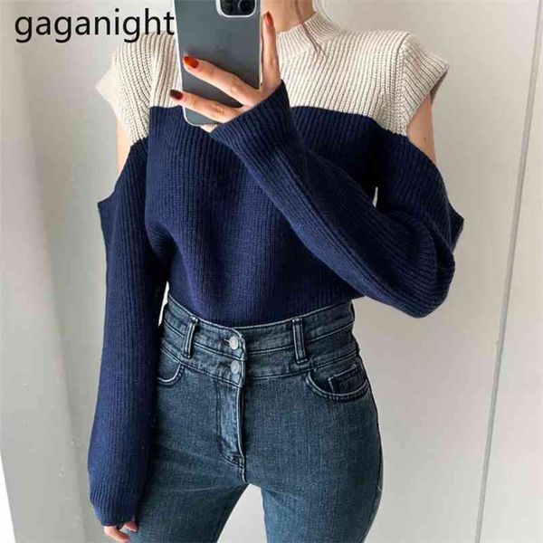 

shoulder hollow out women sweater patchwork color fashion girls pullover chic korean lady loose pull femme winter 210601, White